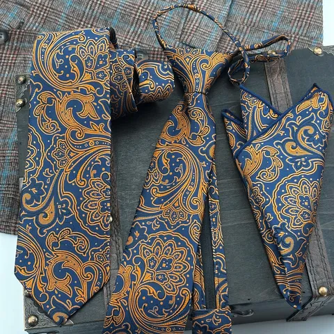 Men's Retro Paisley Jacquard Tie Pocket Square Set Luxury Blue Gold Business Formal Suit Necktie Wedding Party