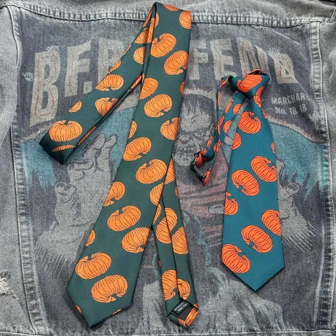 Halloween Pumpkin Printed Tie Retro Dark Green Unisex Hand Tied And Clip On Necktie Party Costume Accessories