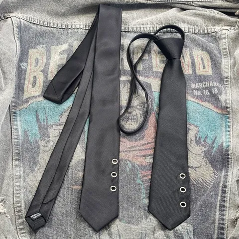 Dark Punk Style Black Tie With Metal Eyelets Polyester Zipper And Hand Tied Necktie For Men And Women