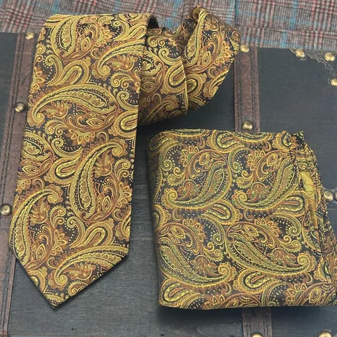 Men's Formal Paisley Jacquard Necktie Pocket Square Set Vintage Yellow Green Polyester Business Wedding Suit Accessories