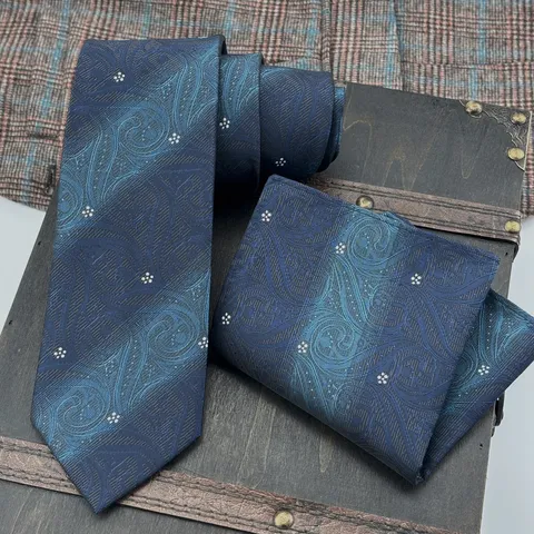 Men's Gradient Blue Paisley Jacquard Necktie And Pocket Square Business Formal Suit Tie Set