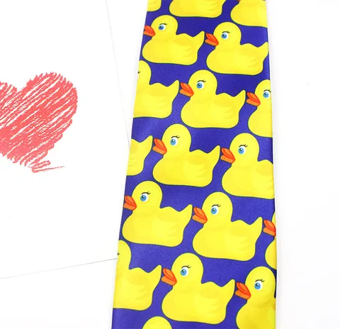 Trendy Little Yellow Duck Pattern Printed Matte Polyester Silk Long Necktie For Men And Women