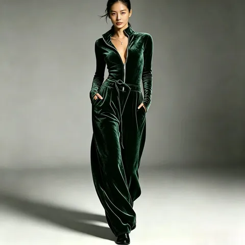 Mono de Terciopelo Coreano de Moda para Mujer Media Cremallera Cuello Alto Manga Larga Pierna Ancha Mono con Cordón en la Cintura Elegante Mono de una Pieza de Otoño Invierno