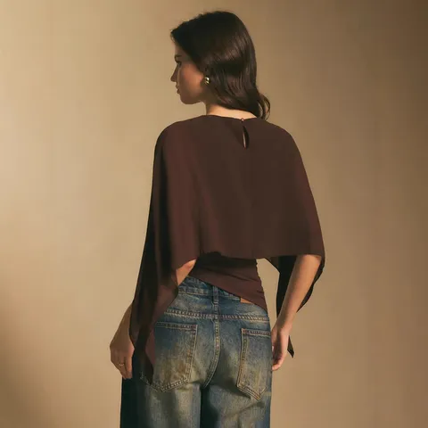 Camiseta Elegante con Manga de Capa para Mujer Blusa de Gasa Suelta Top Patchwork Irregular Color Sólido Cuello Redondo Casual