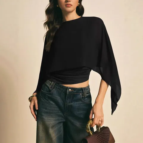 Camiseta Elegante con Manga de Capa para Mujer Blusa de Gasa Suelta Top Patchwork Irregular Color Sólido Cuello Redondo Casual