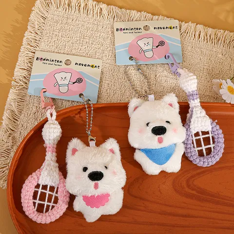 Energetic Badminton Westie Dog Plush Keychain Kawaii Sporty Dog Stuffed Animal Toy Bag Charm With Hand Knitted Racket Cute Gift