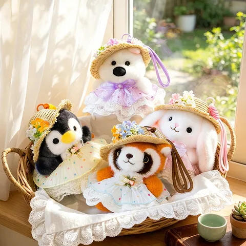 Cute Plush Animal Keychain Pendant With Straw Hat Lace Dress Penguin Sheep Panda Bear Rabbit Bag Charm For Girls Gift