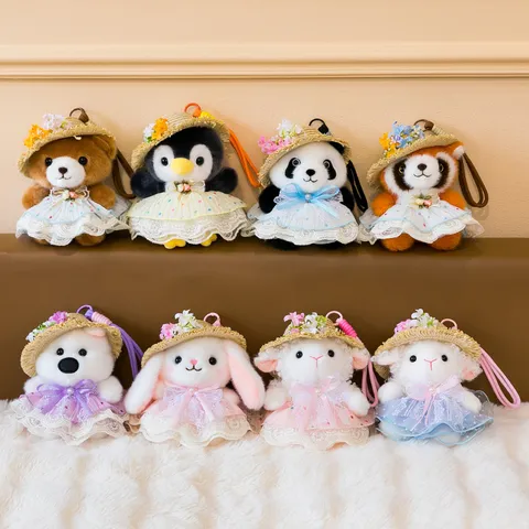 Cute Plush Animal Keychain Pendant With Straw Hat Lace Dress Penguin Sheep Panda Bear Rabbit Bag Charm For Girls Gift