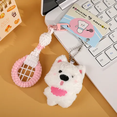 Energetic Badminton Westie Dog Plush Keychain Kawaii Sporty Dog Stuffed Animal Toy Bag Charm With Hand Knitted Racket Cute Gift