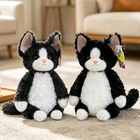 Cute Devon Rex Cat Plush Toy Realistic Black And White Stuffed Animal Soft Kitten Doll For Kids Birthday Gift Home Decor