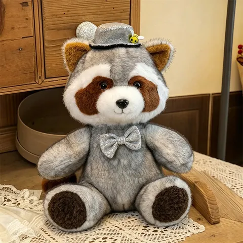 Cute Gentleman Raccoon Plush Toy Soft Stuffed Animal Doll With Silver Sequin Hat And Bowtie For Kids Birthday Gift Grey White