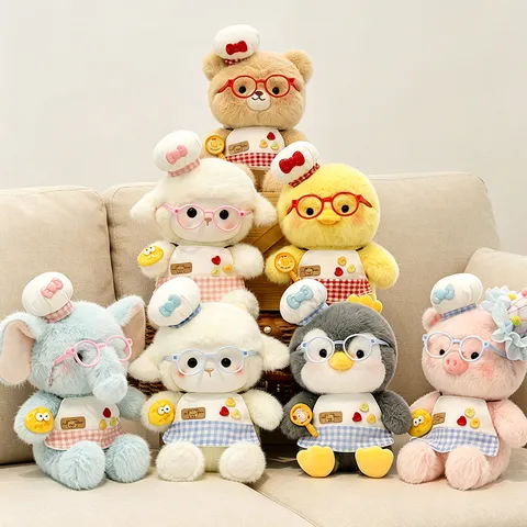 Mignon Chef Animal Peluche Poupée en Peluche Avec Lunettes Tablier Chapeau de Chef Doux Oreiller Cadeau Enfant