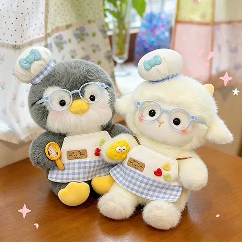 Mignon Chef Animal Peluche Poupée en Peluche Avec Lunettes Tablier Chapeau de Chef Doux Oreiller Cadeau Enfant