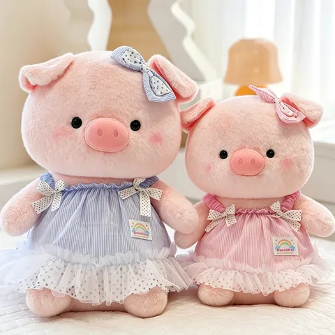 Süße Rosa Schwein Plüschtier Gestreiftes Kleid Mit Schleife Weiches Stofftier Puppe Für Mädchen Geburtstagsgeschenk Deko Kissen