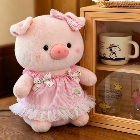 Süße Rosa Schwein Plüschtier Gestreiftes Kleid Mit Schleife Weiches Stofftier Puppe Für Mädchen Geburtstagsgeschenk Deko Kissen