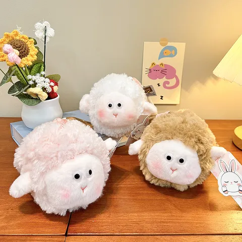 Cute Round Ball Sheep Plush Pendant Keychain Soft Stuffed Animal Doll Bag Hanging Ornament For Girls Kids Gift