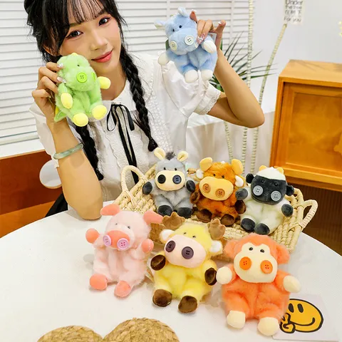 Creative Funny Button Eyes Bean Bag Plush Toy Keychain Animal Stuffed Calf Dinosaur Sheep Pig Monkey Doll Gift Desktop Companion