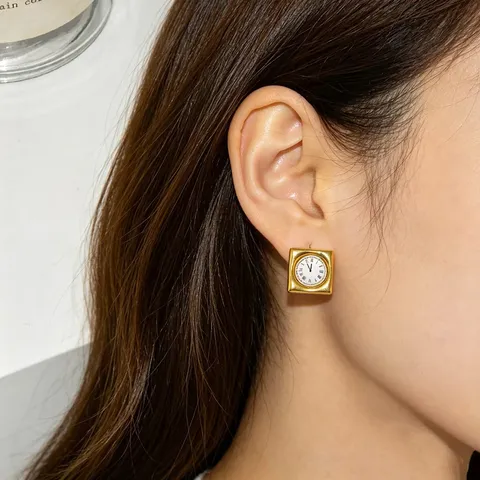 Retro Square Clock Stud Earrings With 925 Silver Post And Champagne Gold Geometric Design Elegant Women Jewelry