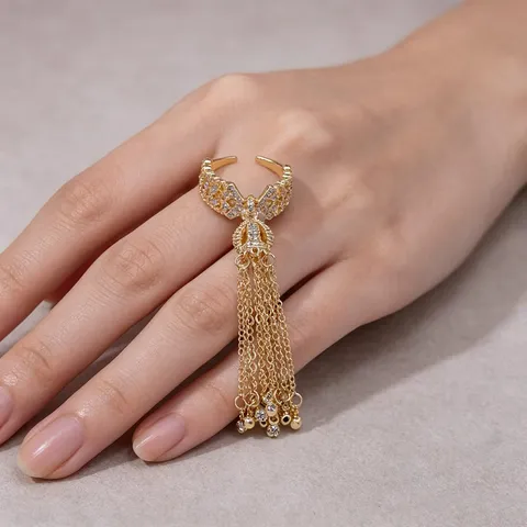 Minimalist Alloy Open Ring For Women Bowknot Tassel Chain Zirconia Fashion Jewelry Elegant Finger Ring Gift