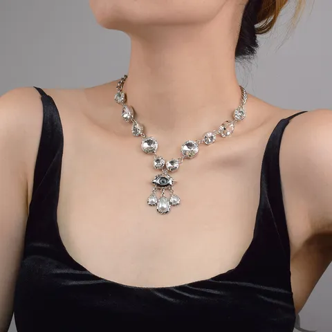 Retro Vintage Evil Eye Crystal Artificial Pearl Necklace Women Fashion Silver Alloy Rhinestone Choker Jewelry
