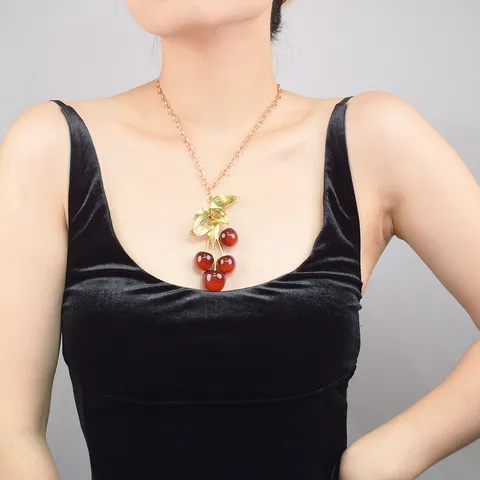 Fashion Alloy Cherry Pendant Necklace Gold Plated Red Fruit Sweet Style Clavicle Chain Jewelry For Women Gift