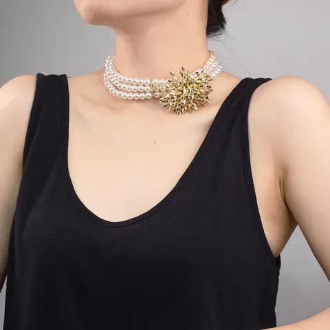 Multi Layer Imitation Pearl Necklace For Women Golden Firework Ball Clavicle Chain Elegant Dinner Party Choker Jewelry