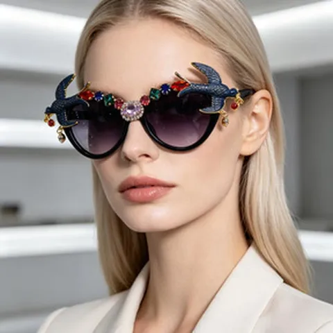 Euro-American Runway Party Sunglasses Women Metal Frame Rhinestone Crystal Swallow Pearl Pendant Fashion Eyewear
