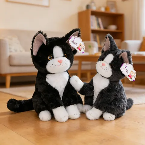 Realistic Black And White Cat Plush Toy Simulation Mackerel Cat Doll Children Sleeping Pillow Stuffed Animal Gift For Girls Women