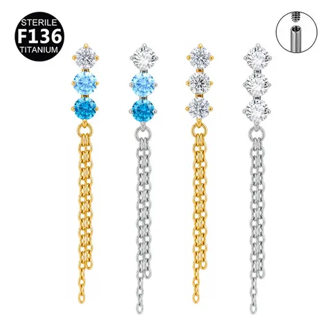 F136 Titanium Alloy Tassel Chain Rhinestone Pendant Labret Lip Ring Ear Bone Stud Internally Threaded Piercing Jewelry