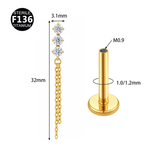 F136 Titanium Alloy Tassel Chain Rhinestone Pendant Labret Lip Ring Ear Bone Stud Internally Threaded Piercing Jewelry