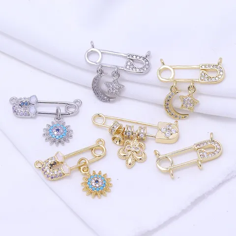 14K Gold Plated Copper Zirconia Safety Pin Charm Planet Moon Star Sun Pendants DIY Handcrafted Jewelry Making Accessories