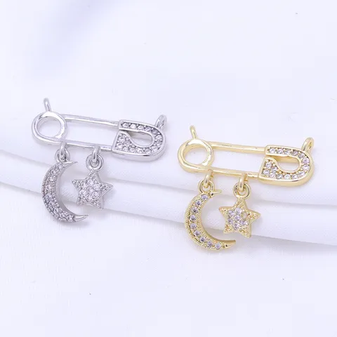 14K Gold Plated Copper Zirconia Safety Pin Charm Planet Moon Star Sun Pendants DIY Handcrafted Jewelry Making Accessories