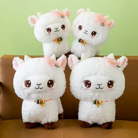 Cute Alpaca Plush Toy Stuffed Animal Soft Lamb Doll With Pink Flower And Bead Necklace Kids Birthday Gift Home Decor