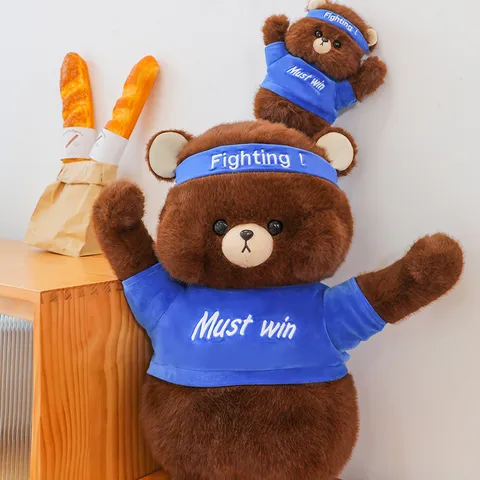 Cute Brown Plush Bear Stuffed Animal Toy Soft Cuddly Teddy Bear With Sport Headband And T-Shirt Gift For Kids Boys