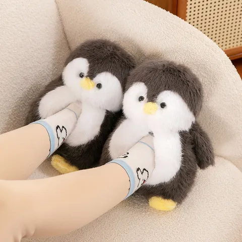Cute Winter Penguin Plush Slippers For Women Warm Thick Cotton Home Shoes Anti-Slip Soft Sole Indoor Footwear