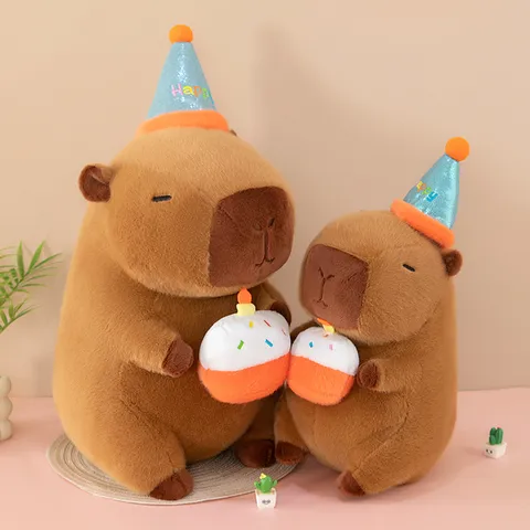 Cute Capybara Plush Toy Stuffed Animal Doll Soft Pillow With Birthday Party Hat And Cake Gift For Girls