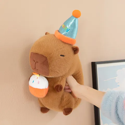 Cute Capybara Plush Toy Stuffed Animal Doll Soft Pillow With Birthday Party Hat And Cake Gift For Girls