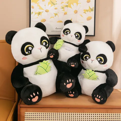 Cute Panda Plush Toy With Bamboo Shoot Giant Panda Stuffed Animal Doll Soft Plushie Cartoon Animal Pillow Gift