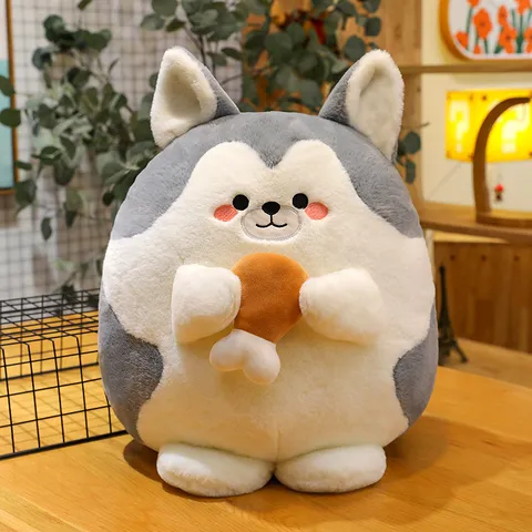 Cute Husky Plush Toy Stuffed Animal Doll Soft Round Dog Pillow With Drumstick Toy Kids Birthday Gift