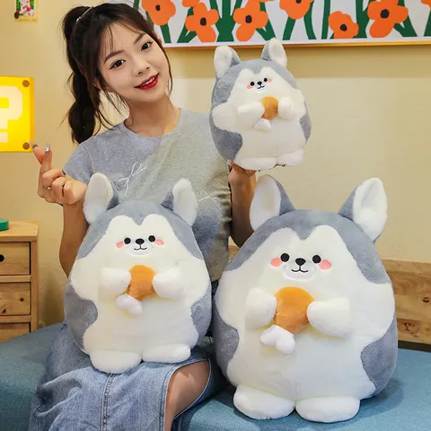 Cute Husky Plush Toy Stuffed Animal Doll Soft Round Dog Pillow With Drumstick Toy Kids Birthday Gift