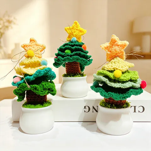 Adorno de Planta en Maceta de Girasol Árbol de Navidad de Ganchillo Hecho a Mano Base de Cerámica de Escritorio Flor de Punto Decoración Regalo