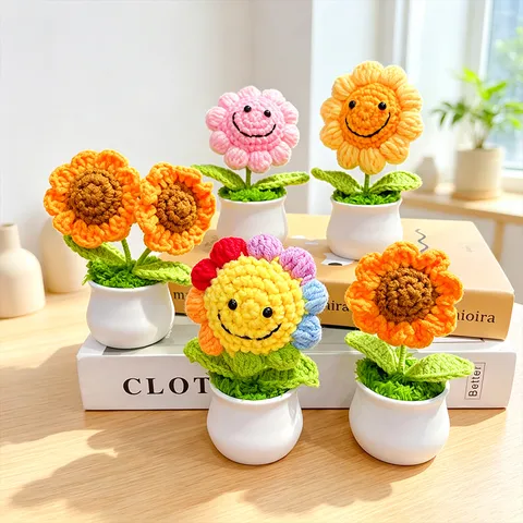 Handgehäkeltes Wollenes Topfpflanzen Ornament Sonnenblume Weihnachtsbaum Garn Gestrickte Blume Tischdeko Für Zuhause Büro Geschenk