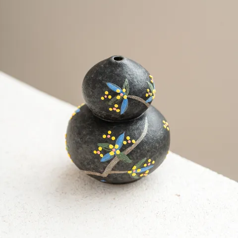 Ceramic Gourd Incense Stick Holder Matte Black Hand-painted Floral Zen Incense Base Desktop Decoration Ornament With Gift Box