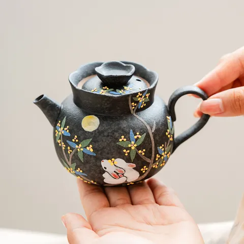New Chinese Style Ceramic Teapot Graphite Black Hand Painted Rabbit Osmanthus Moon Design 165ml Small Tea Pot For Home Office