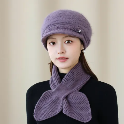 Women's Knit Beret Hat Fashion Elegant Rabbit Hair Blend Warm Soft Knitted Hat For Winter Autumn Solid Color Bonnet Hat