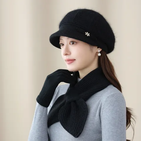 Women Angora Rabbit Hair Blend Knitted Beret Hat Hepburn Style Warm Ear Protection Solid Color Elegant Beaded Knit Hat
