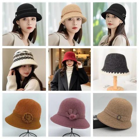 Women Knitted Acrylic Blend Bucket Hat Winter Warm Rolled Edge Elegant Fashion British Style Cloche Hat Outdoor Headwear
