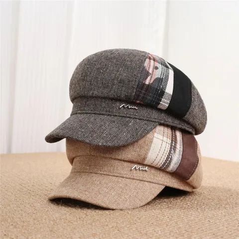 Japanese Vintage Cat Ear Octagonal Cap For Women Sweet Plaid Patchwork Newsboy Hat Corduroy Sun Protection Beret Accessory