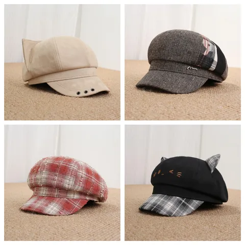 Japanese Vintage Cat Ear Octagonal Cap For Women Sweet Plaid Patchwork Newsboy Hat Corduroy Sun Protection Beret Accessory