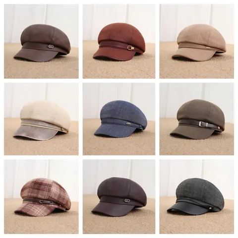 Vintage Women Patchwork Newsboy Cap Korean Style Denim PU Leather Octagonal Hat Fashion Artistic Painter Baker Boy Hat